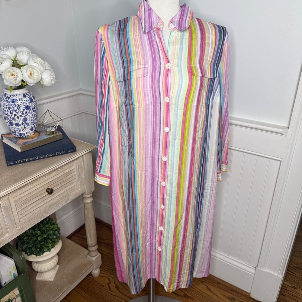 Basler KeyWest Striped Midi Shirt Dress Multi Color Pink Blue Size 42 US 12 NEW